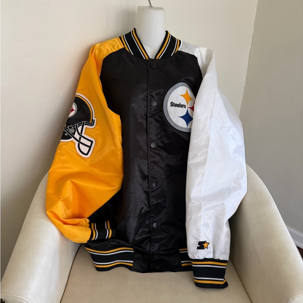 STARTER Pittsburgh Steelers Black, Gold & White Satin Bomber Jacket